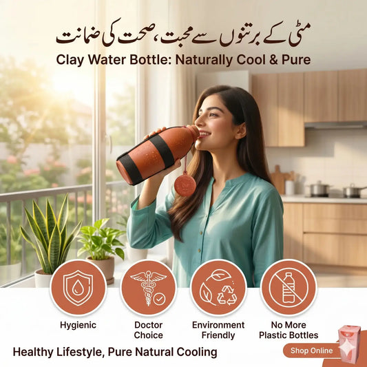A woman holding an authentic terracotta mitti ki bottle with an adjustable shoulder strap in a modern kitchen, showcasing a premium, naturally cool, and pure healthy lifestyle alternative to plastic bottles