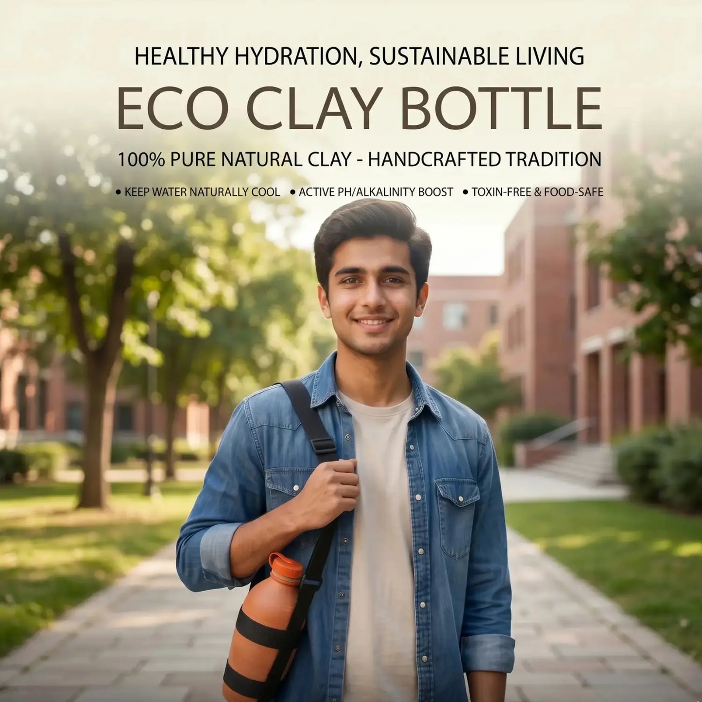 A 100% kiln-fired clay water bottle equipped with a premium adjustable carrying strap, offering a stylish and chemical-free hydration solution for an active lifestyle