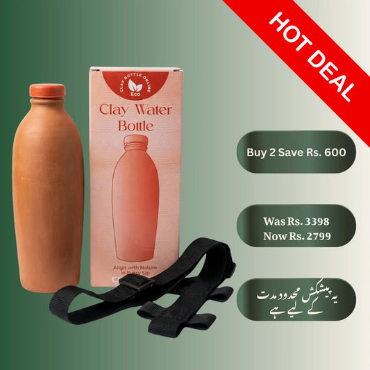 Duo Bundle of 2 handcrafted 600ml clay water bottles with adjustable straps, ideal for couples.