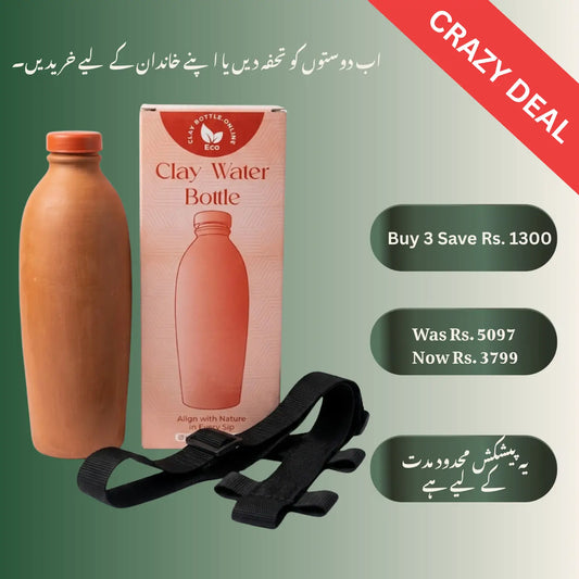 Value Pack of 3 handcrafted 600ml clay water bottles with adjustable straps for family hydration.