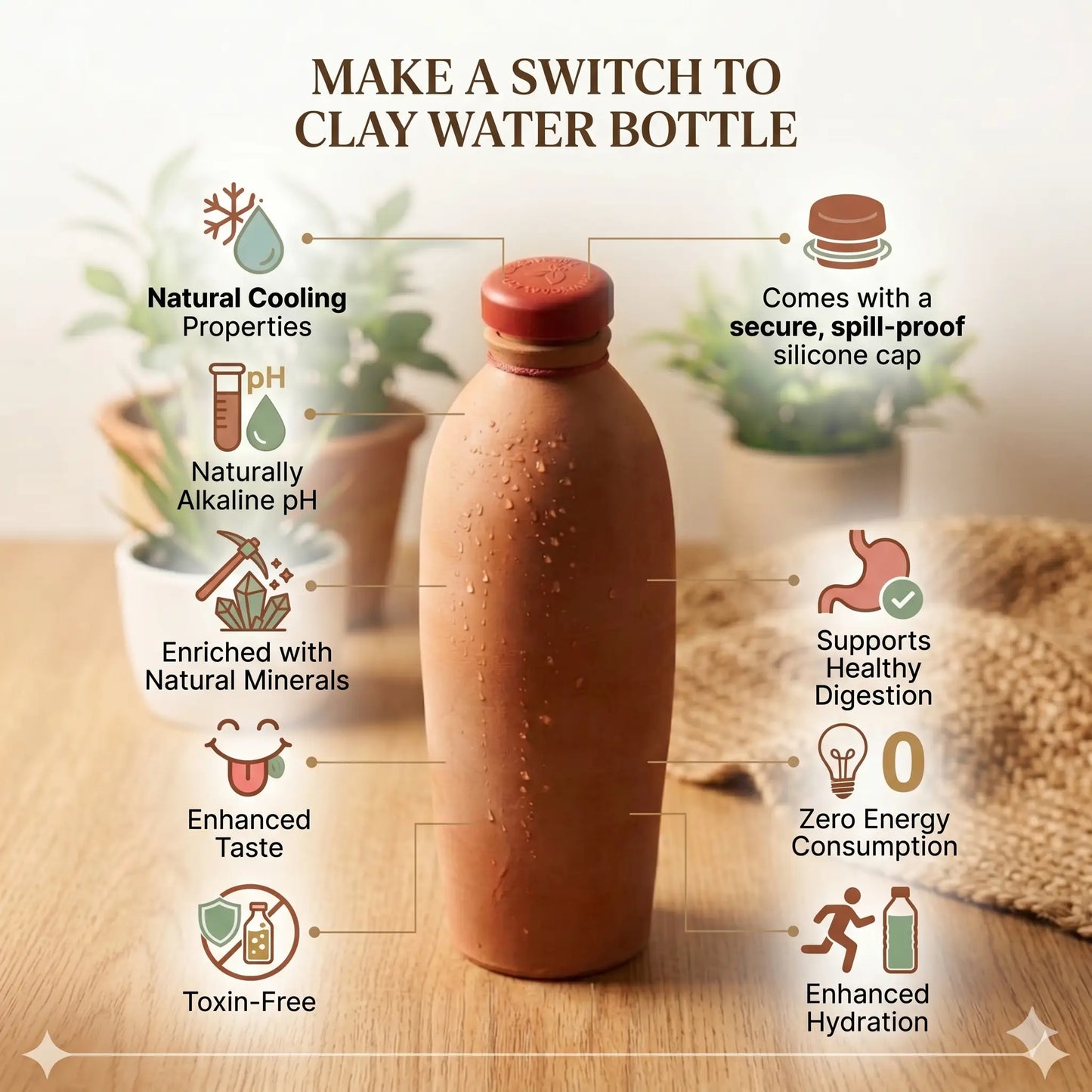 Handmade terracotta clay water bottle with secure silicone cap, showing natural cooling, alkaline pH support, toxin-free hydration, mineral enrichment, and eco-friendly healthy drinking benefits.