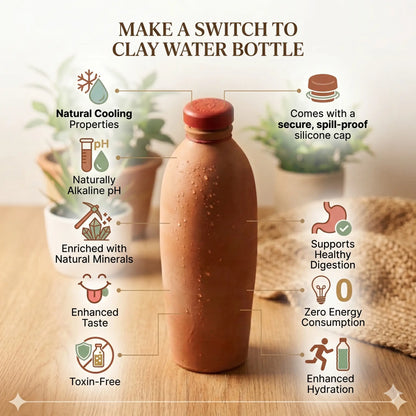 Handmade terracotta clay water bottle with secure silicone cap, showing natural cooling, alkaline pH support, toxin-free hydration, mineral enrichment, and eco-friendly healthy drinking benefits.