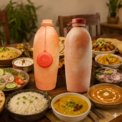 Two handmade natural clay water bottles placed on a traditional dining table with Indian food, rice, curry, salad, naan, and warm ambient lighting.