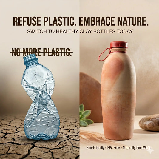 Comparison of a crushed plastic bottle with a handmade clay water bottle, promoting eco-friendly, BPA-free, naturally cool drinking water and sustainable hydration.