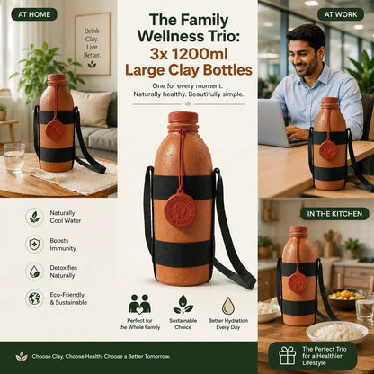 Promotional collage featuring three 1200ml handmade clay water bottles with carrying straps, displayed in home, office, and kitchen settings with wellness benefits including natural cooling, eco-friendly hydration, and sustainable living.