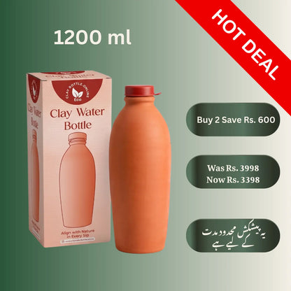 2-pack large terracotta water bottle bundle, displaying badges for natural cooling, mineral enriched, and alkaline water at an exclusive package price