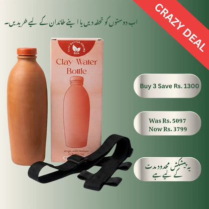 Lifestyle discount graphic for a set of two 100% kiln-fired 600ml terracotta clay water bottles with a custom black strap system, encouraging a healthy, plastic-free family routine