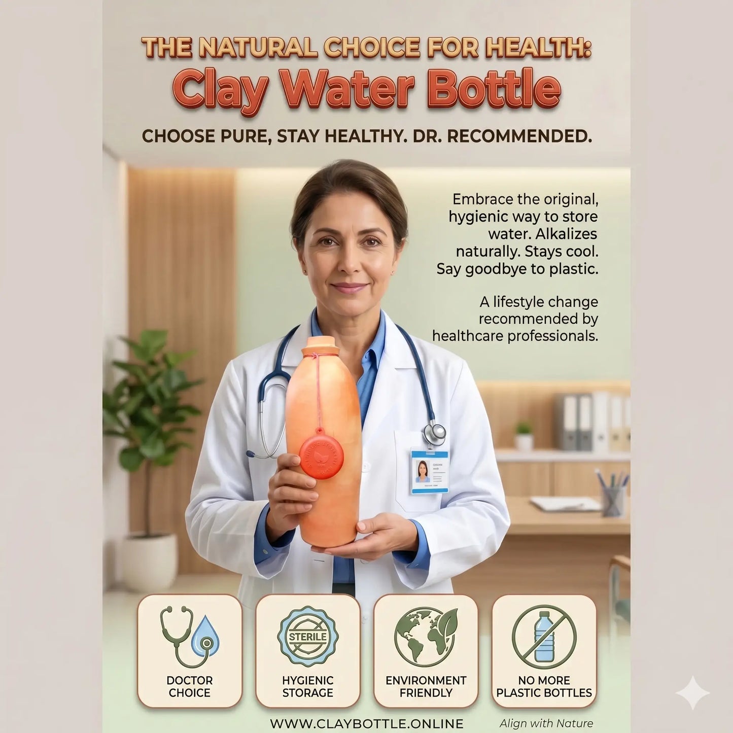 A female healthcare professional is telling in a clinic about a 1200 ml handcrafted clay water bottle, endorsing it as a doctor-recommended, hygienic alternative to plastic bottles.