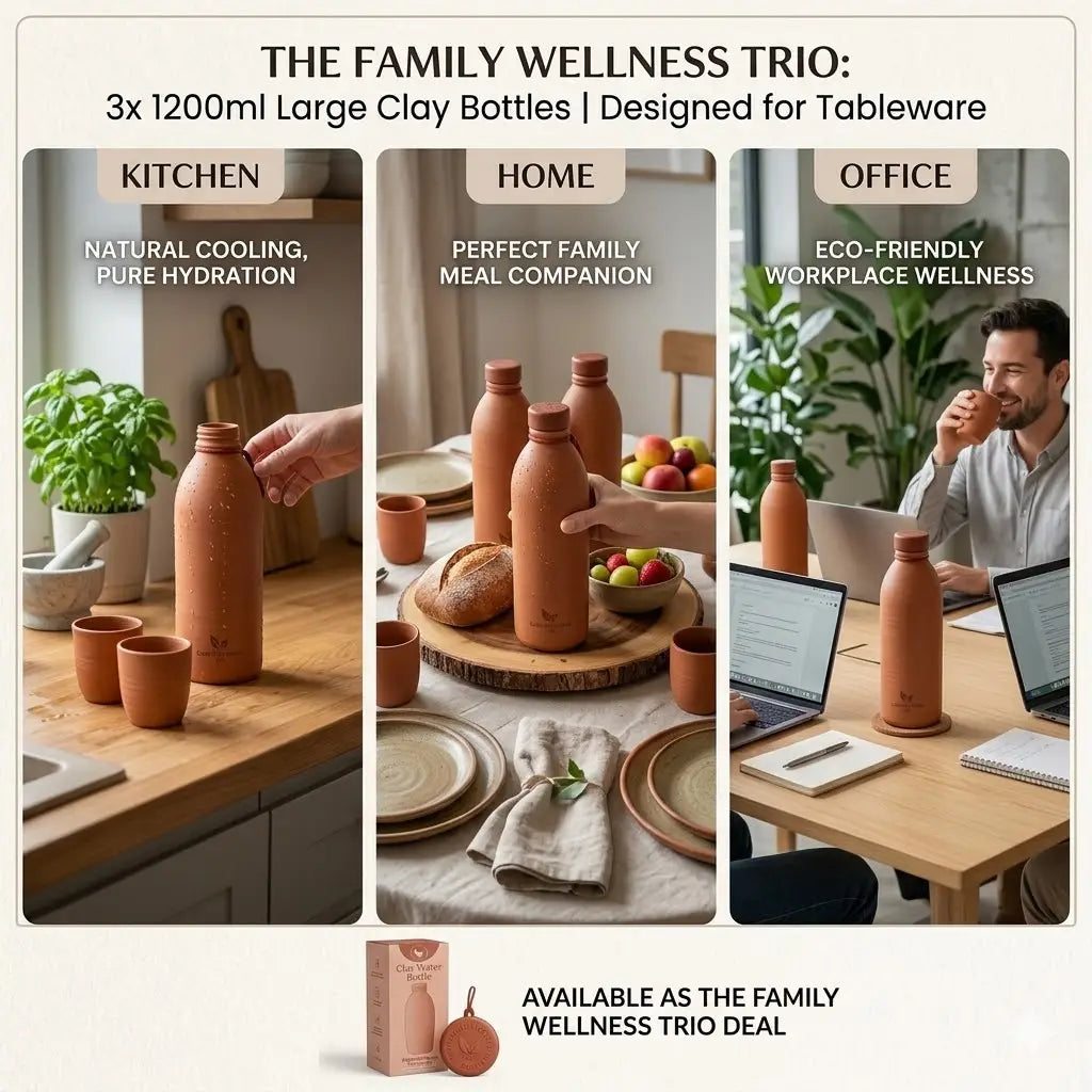 Trio clay bottle bundle pack meeting need of Hydration at home, office and kitchen healthy household hydration with a buy three and save more offer