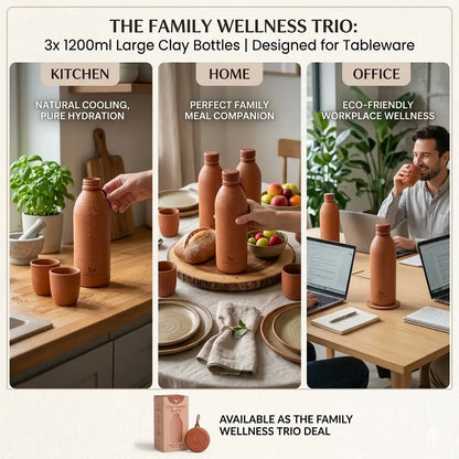Trio clay bottle bundle pack meeting need of Hydration at home, office and kitchen healthy household hydration with a buy three and save more offer