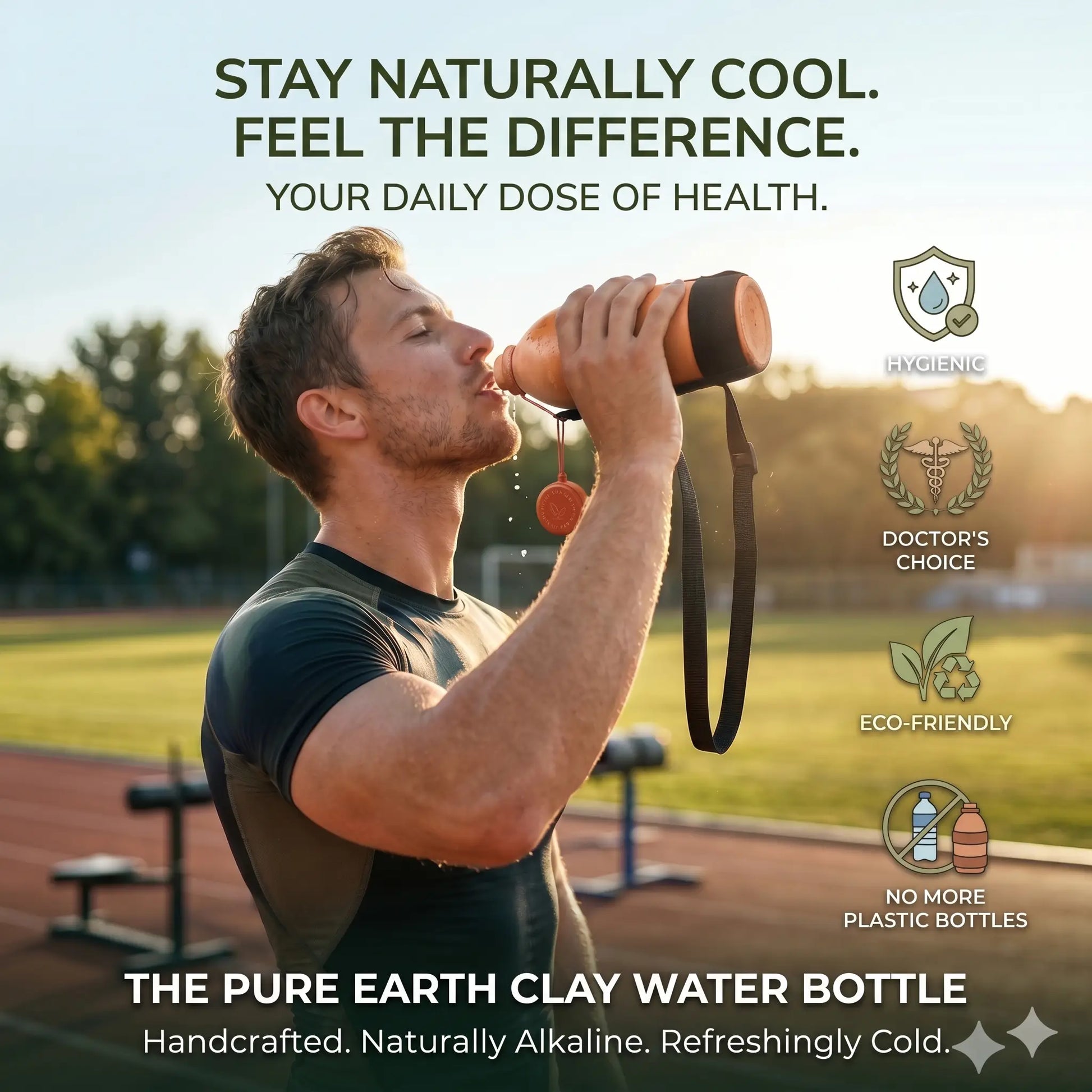 An exhausted, sweaty man taking a refreshing sip from his condensation-covered natural clay water bottle after a strenuous run