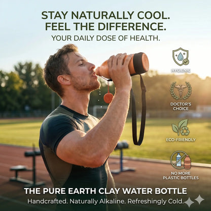 sweaty man taking a refreshing sip from his condensation-covered natural clay water bottle after a strenuous run