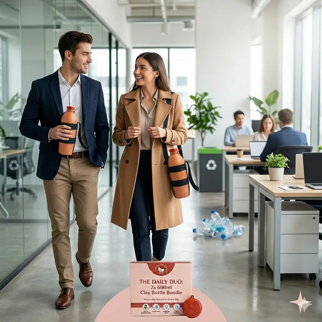 The Daily Duo clay bottle bundle pack showing two corporate professionals, highlighting an eco-friendly gift-sharing deal for office wellness