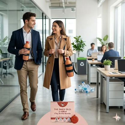 The Daily Duo clay bottle bundle pack showing two corporate professionals, highlighting an eco-friendly gift-sharing deal for office wellness