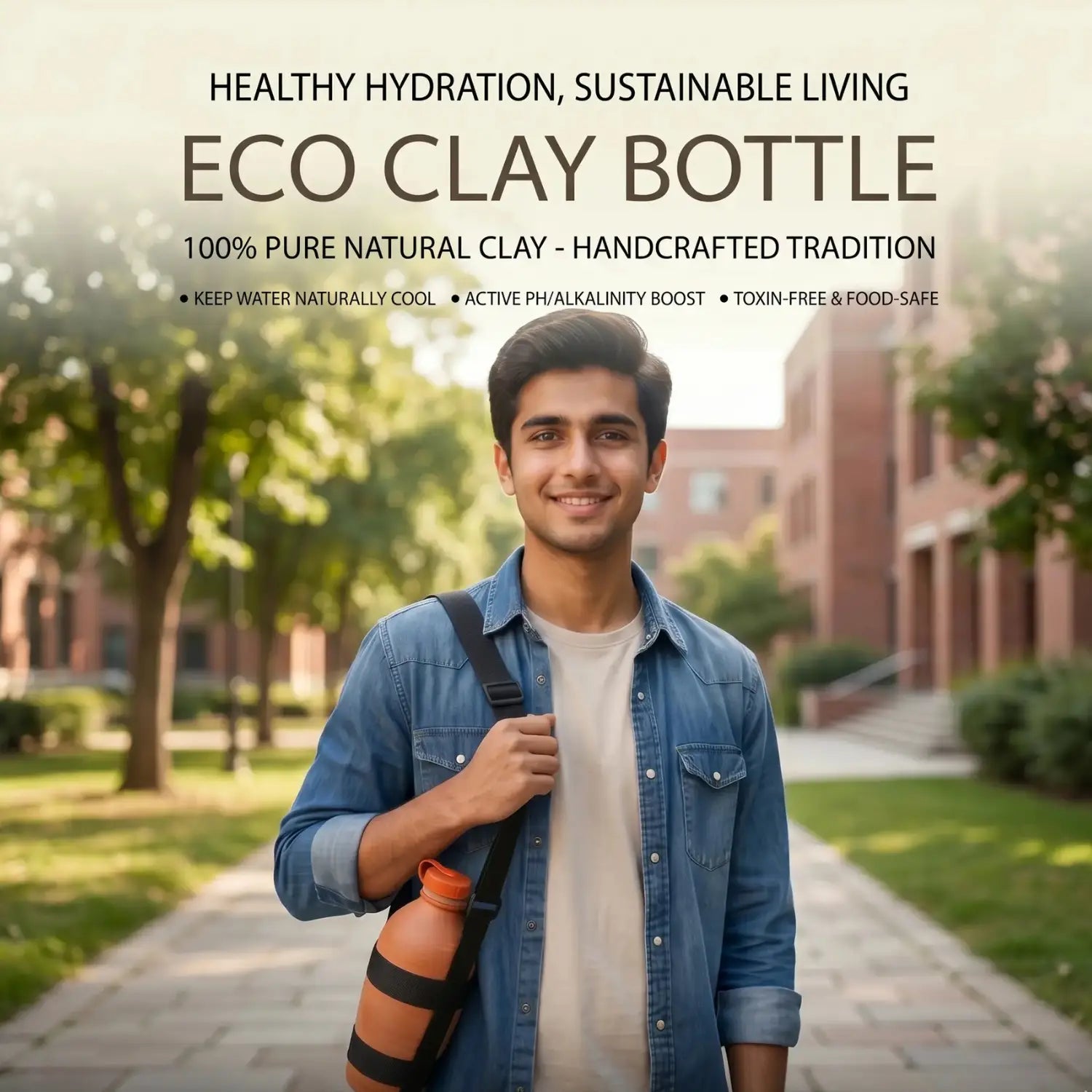 A close-up of a person wearing a handcrafted clay water bottle with an adjustable black shoulder strap outdoors, showing an easy-to-carry, plastic-free hydration alternative
