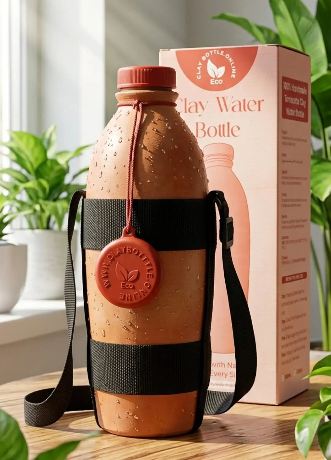 Handcrafted terracotta water bottle with natural condensation droplets showing active evaporative cooling next to its branded safe recommended packaging.