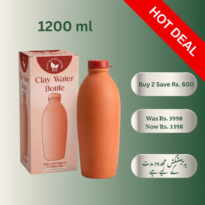 A promotional sale banner for the Office and Home Bundle showing two large 1200ml handcrafted mitti ki bottles with a discounted price offer and product benefit badges